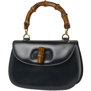Gucci Bamboo Handbag 2WAY Shoulder Bag Bamboo Old Gucci Leather Navy